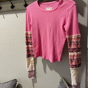 Free People Pink Long Sleeve Top with Patterned Sleeves